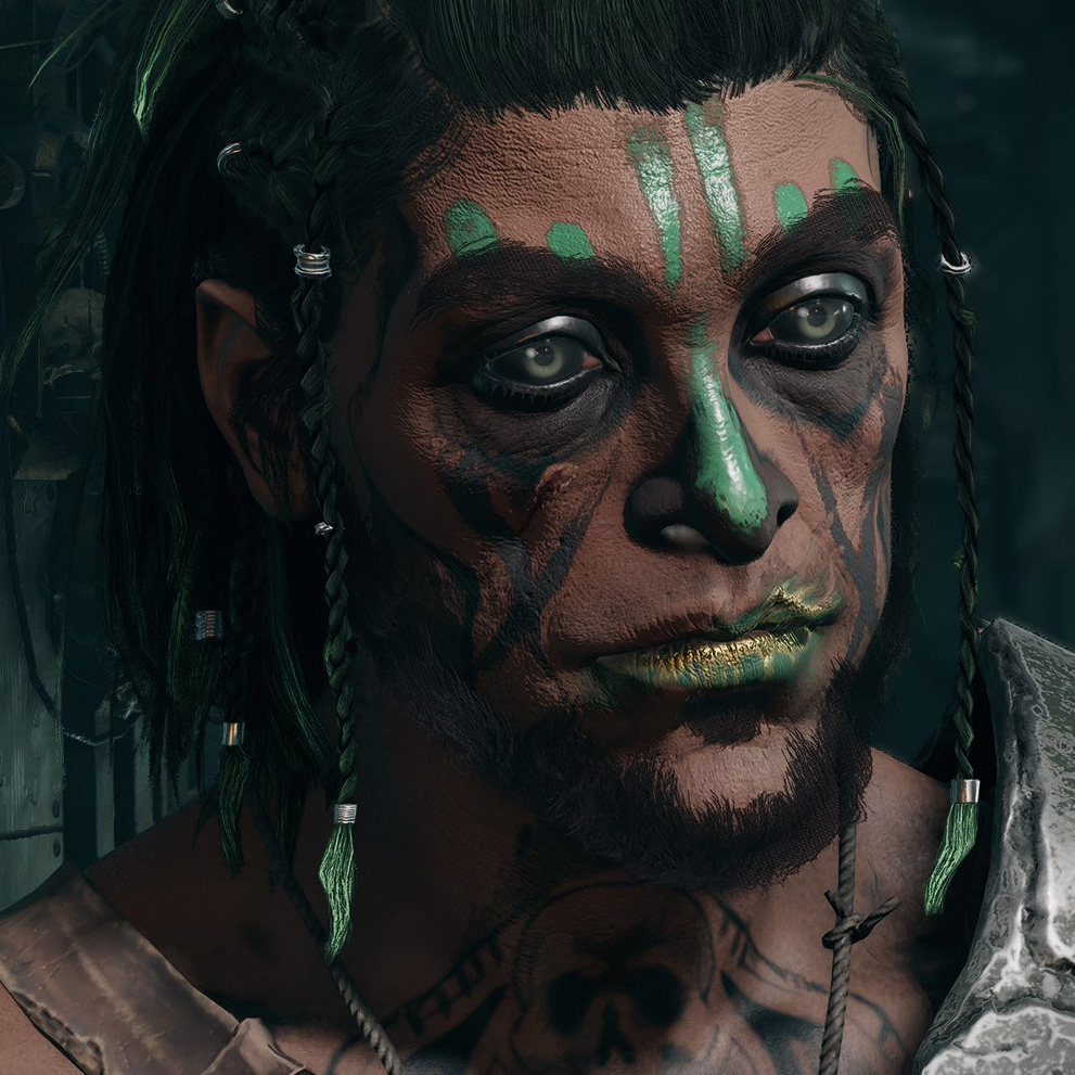 Shy, a green-haired human with green and gold facepaint